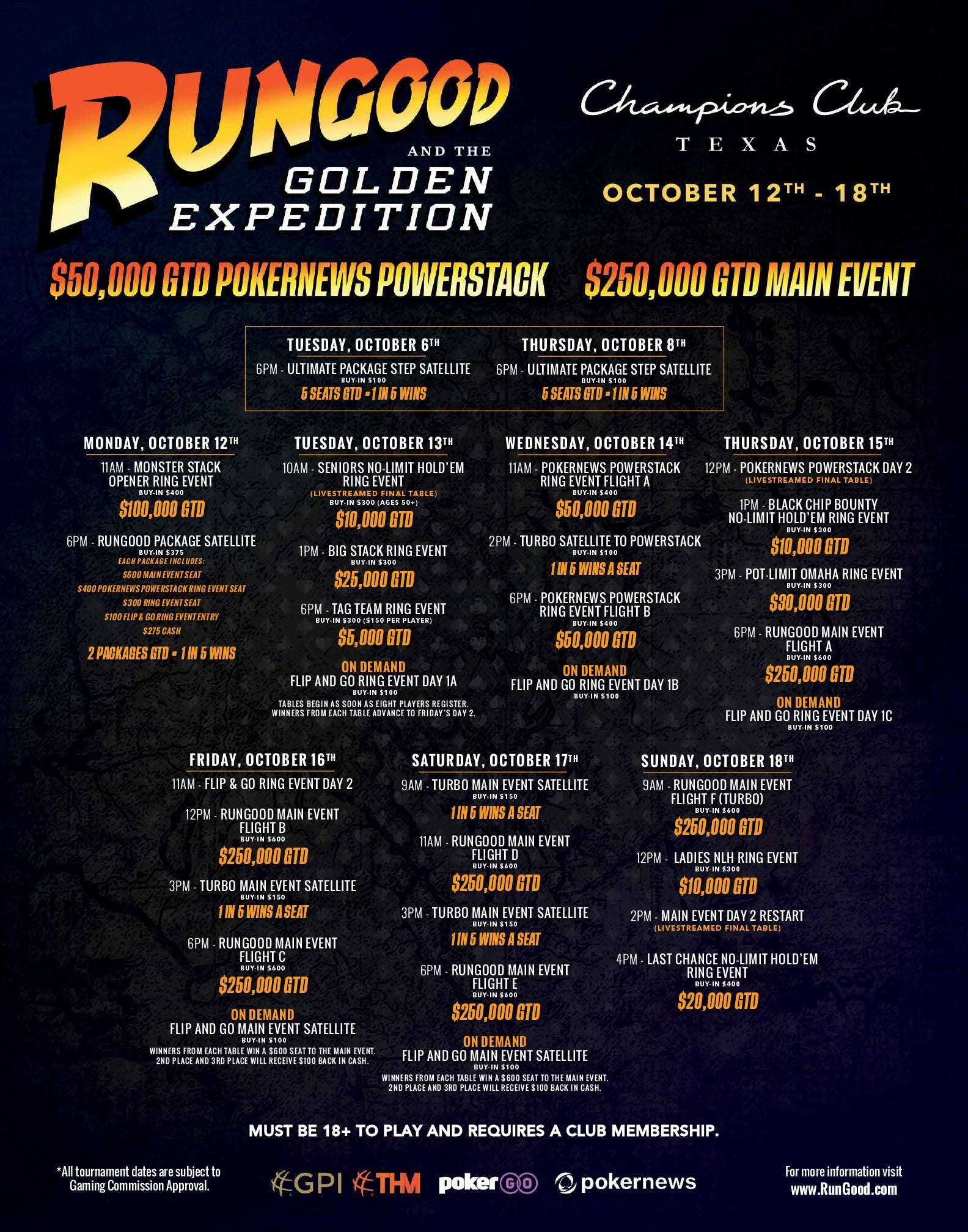 RunGood Golden Expedition tournament schedule at Champions Club Houston, October 12-18